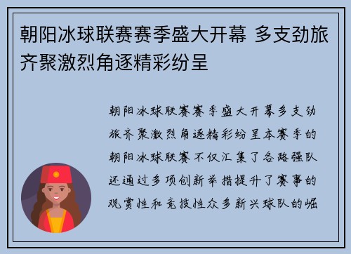 朝阳冰球联赛赛季盛大开幕 多支劲旅齐聚激烈角逐精彩纷呈