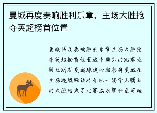 曼城再度奏响胜利乐章，主场大胜抢夺英超榜首位置