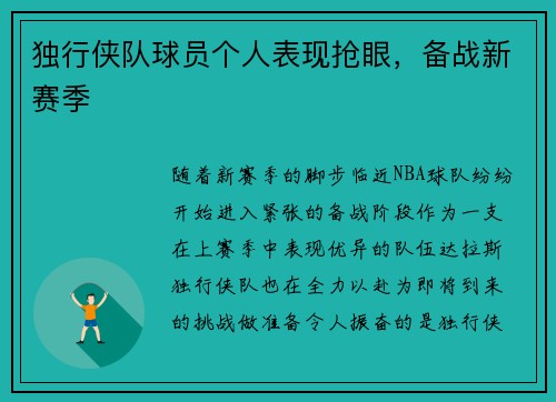 独行侠队球员个人表现抢眼，备战新赛季